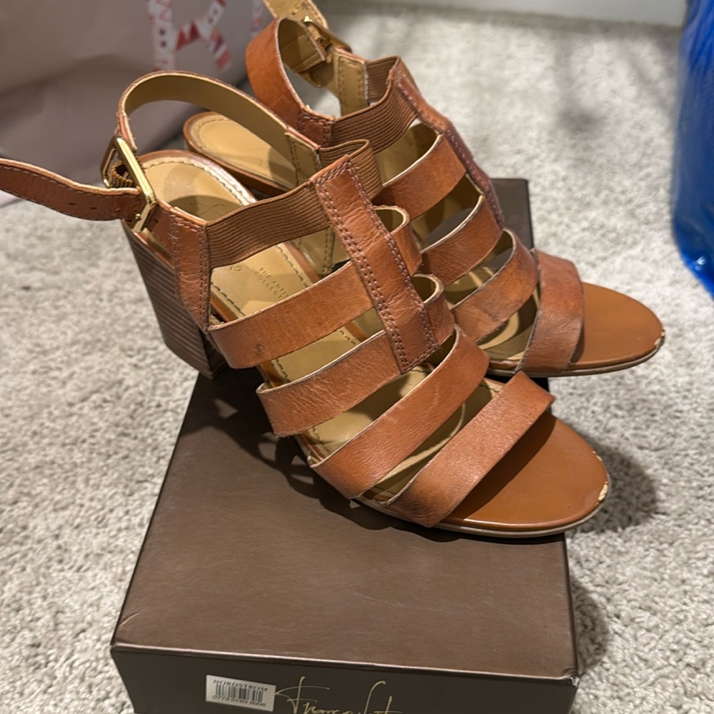 Franco Sarto Montage heeled sandal in saddle brown. Size 8